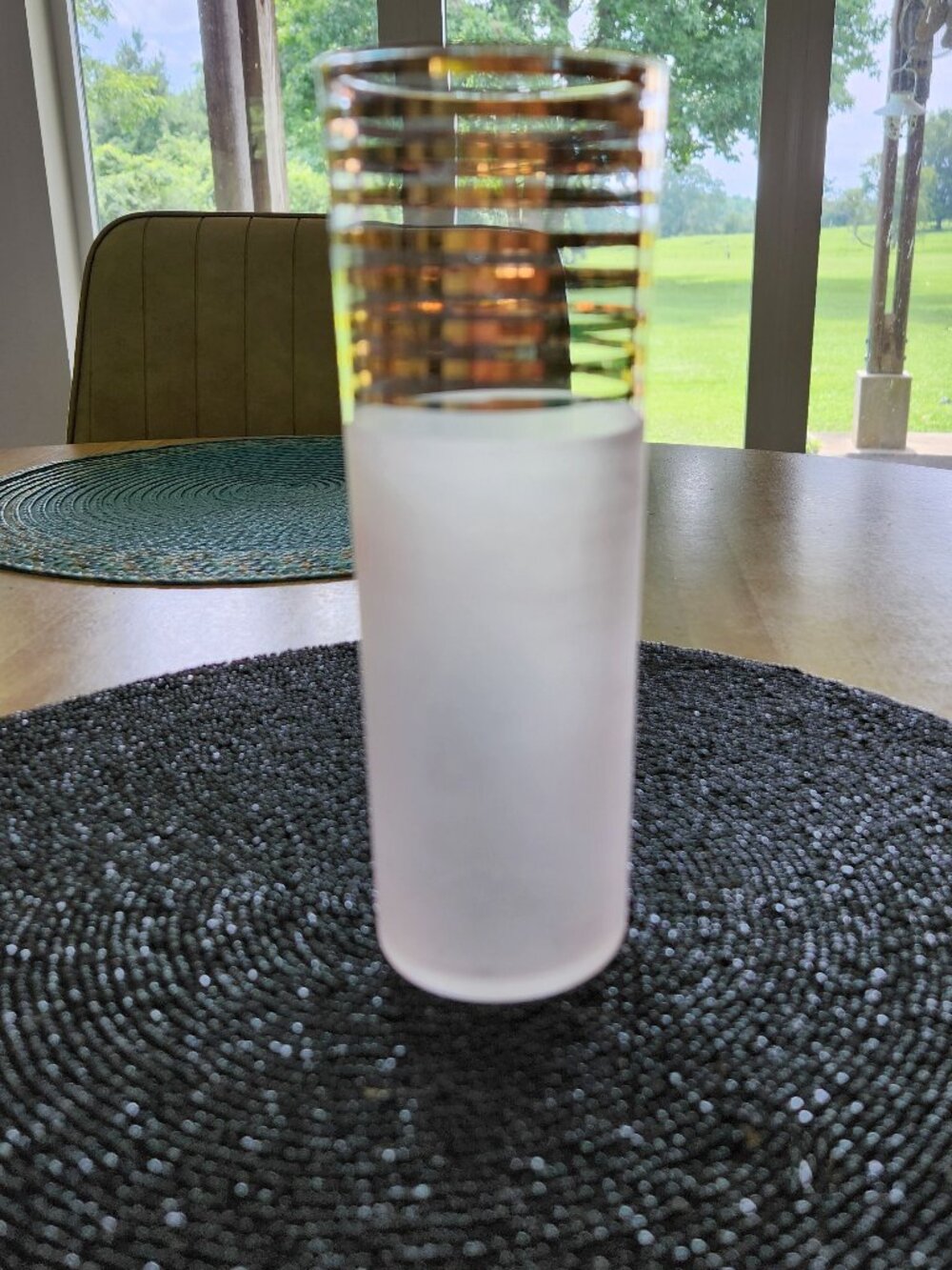 Sasaki Art Glass Vase Echo Frost Pink with Gold Metallic Bands 7"